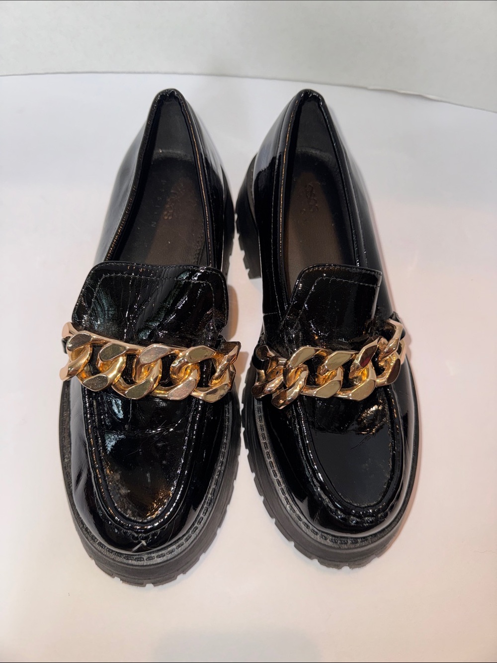 ASOS Black Patent Loafers with Gold Chain Trim
